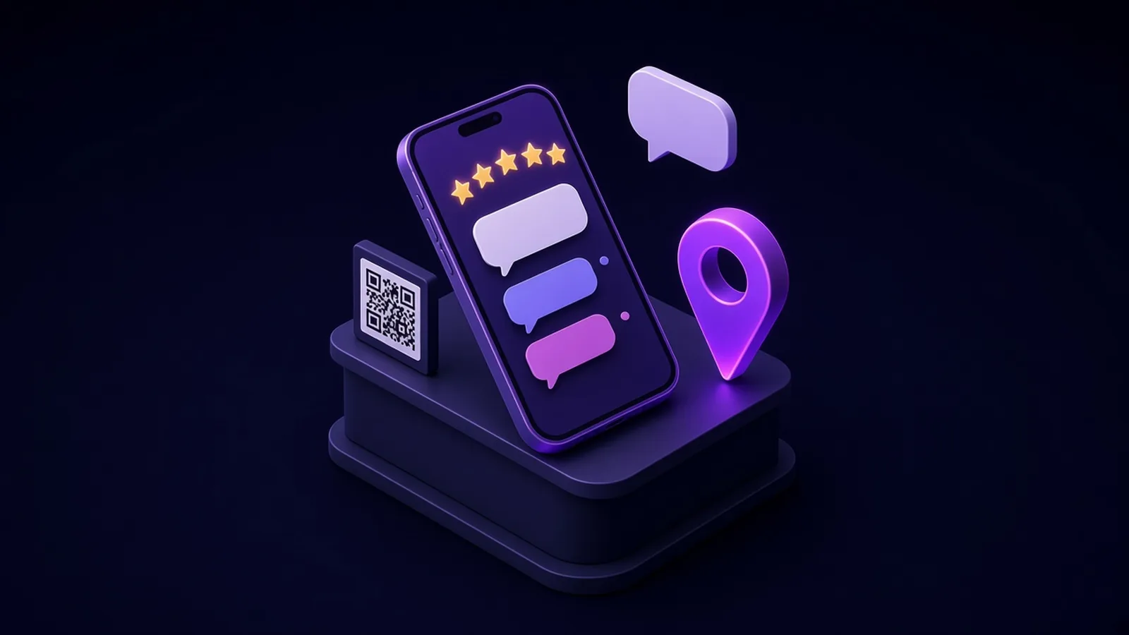 Ilustración de un celular con cinco estrellas y un código QR en un mostrador