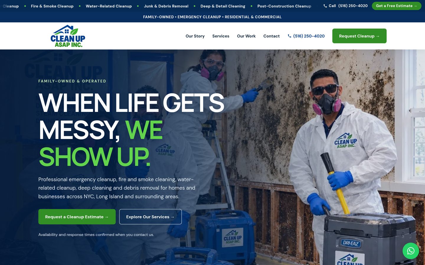 Página de inicio de cleanupasap.com en escritorio